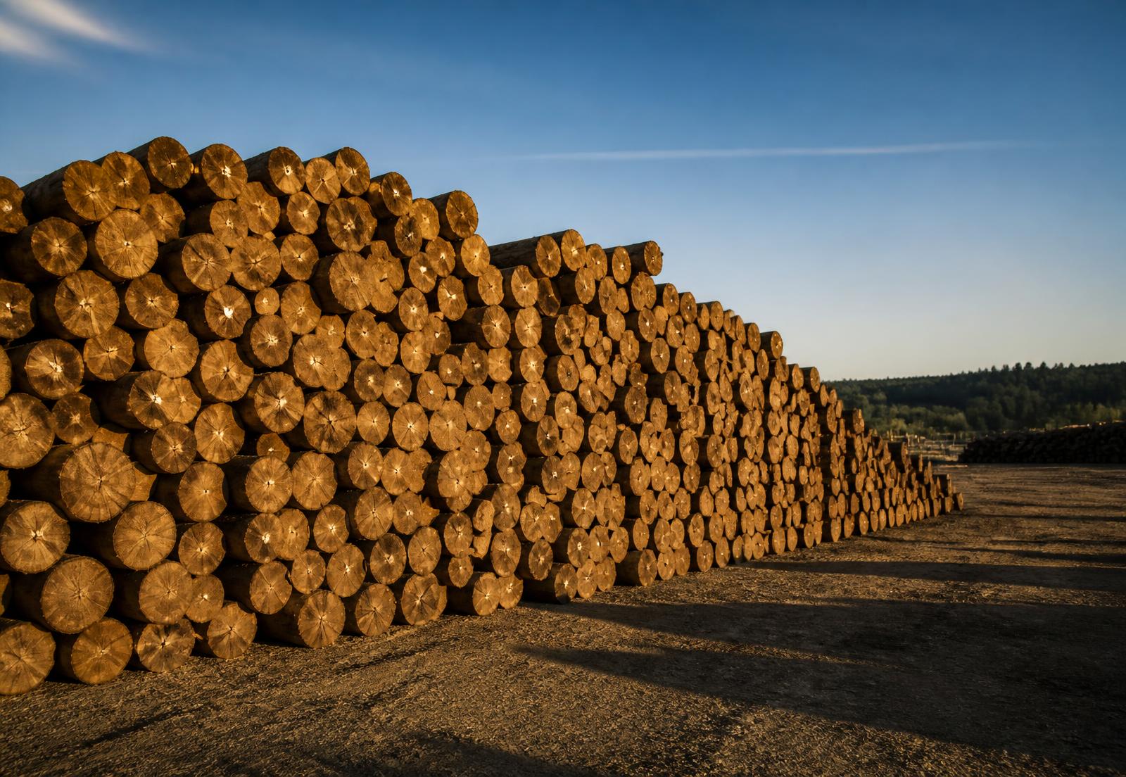 Stacked treated wooden poles in a timber yard at sunset